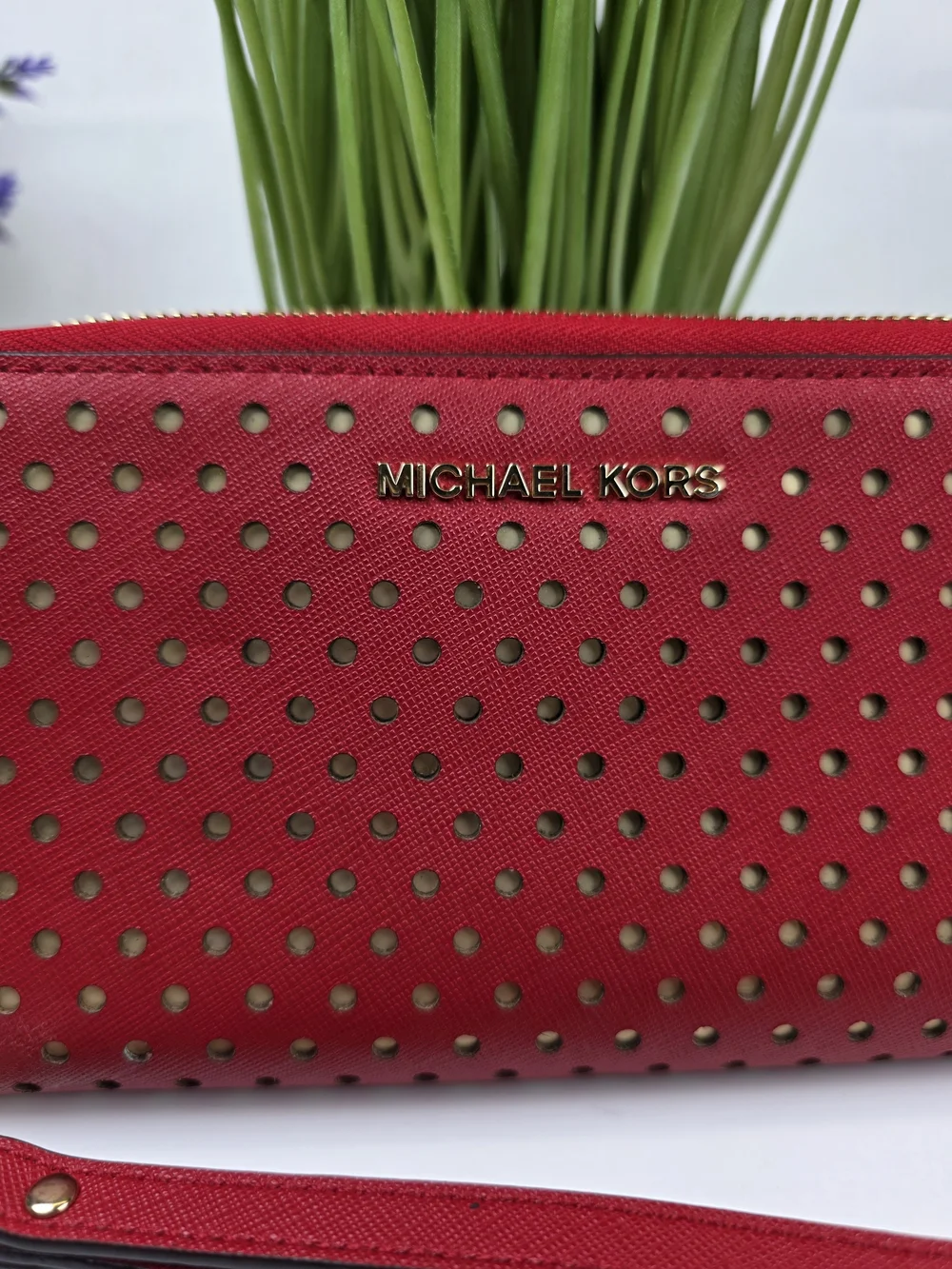 Michael Kors Red Perforated Zip Wristlet Wallet
